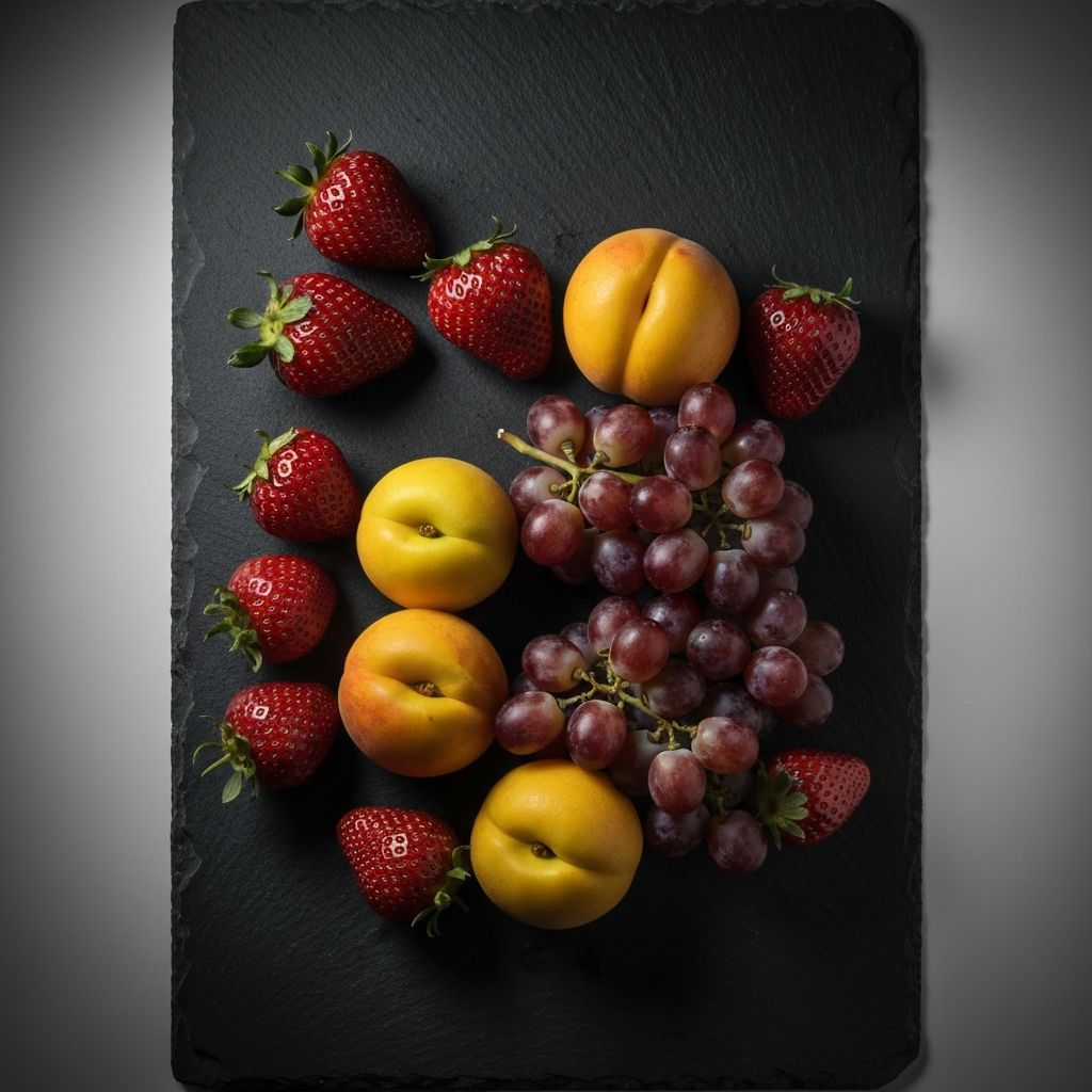 Fresh colorful fruits arranged on a dark slate surface