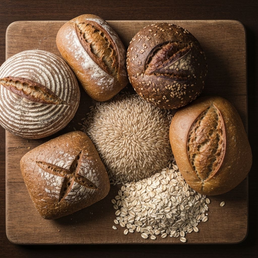 Whole grain breads and oats on a rustic wooden board