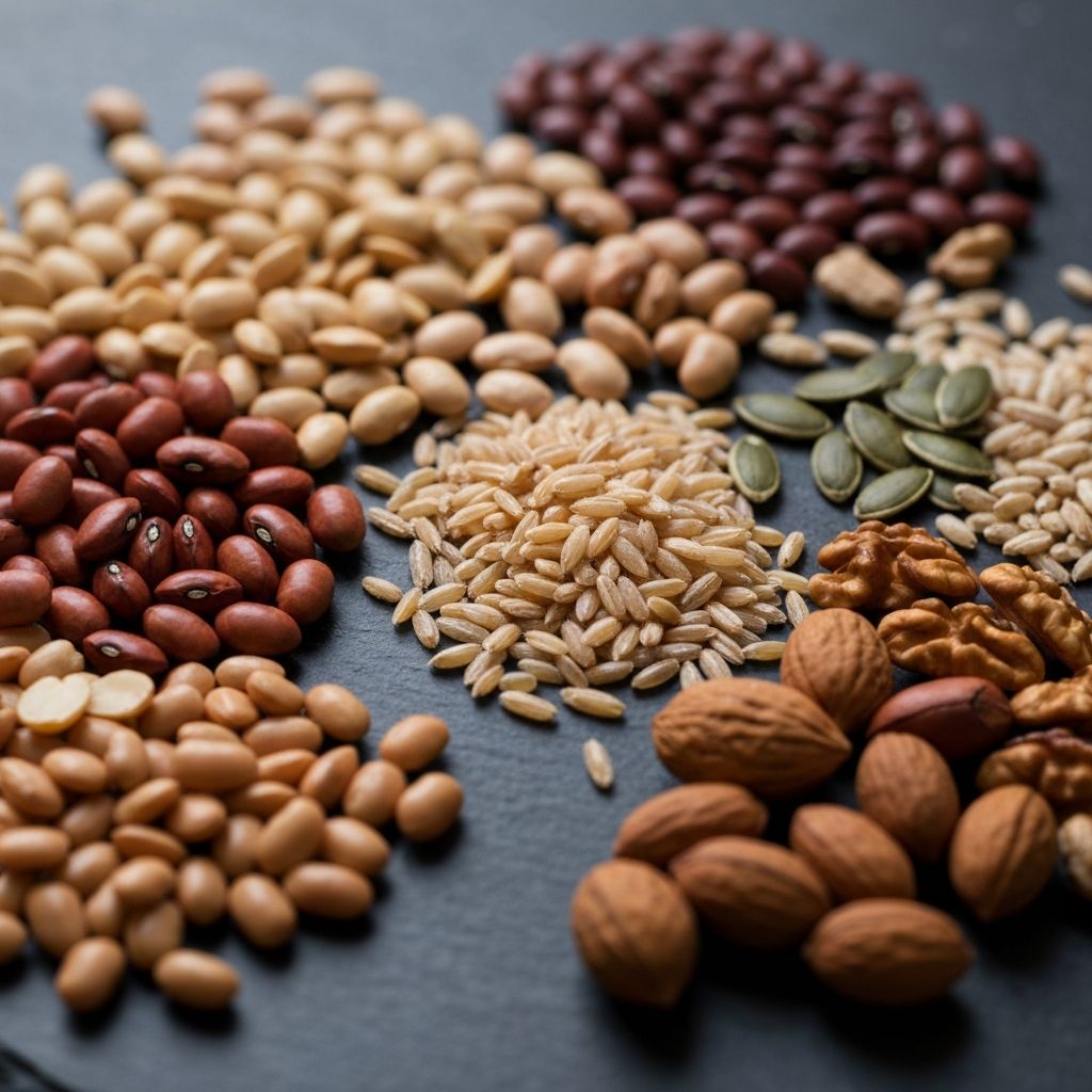 Close-up of assorted legumes, seeds, and whole grains arranged on a dark stone surface