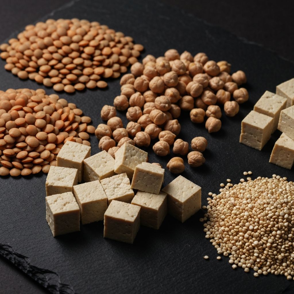 Plant-based protein sources including lentils, chickpeas, tofu and quinoa on a dark stone surface